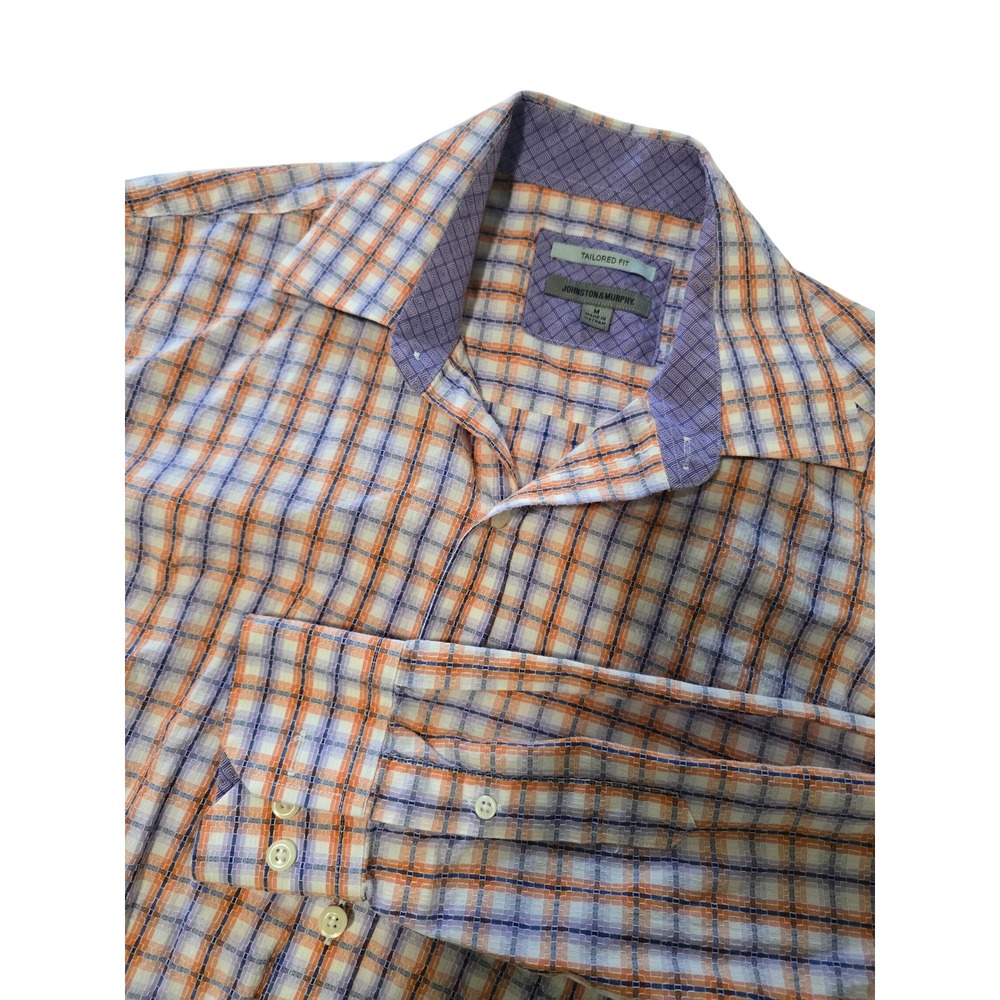 Johnston & Murphy Mens M Tailored Fit Seersucker Plaid Button Down Shirt EUC